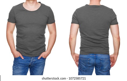 T-shirt Design - Man In Blank Gray Tshirt Front And Rear Isolated On White