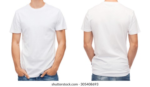t-shirt design and people concept - close up of young man in blank white t-shirt - Shutterstock ID 305408693