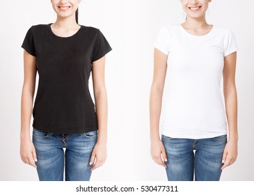 T-shirt Design And People Concept - Close Up Of Young Woman In Shirt Blank Black And White T-shirt Isolated.