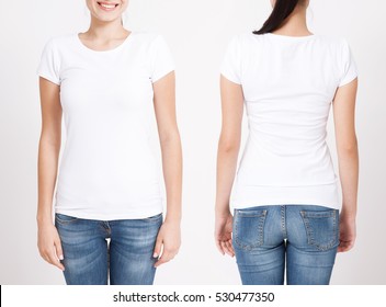 T-shirt Design And People Concept - Close Up Of Young Woman In Blank White T-shirt, Shirt Front And Rear Isolated. Mock Up.