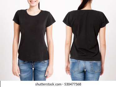T-shirt design and people concept - close up of young woman in blank black t-shirt, shirt front and rear isolated.