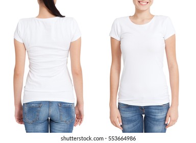 T-shirt design and people concept - close up of young woman in blank white shirt, front and rear isolated. Mock up template for design print