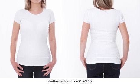 t-shirt design and people concept - close up of young woman in blank white t-shirt, shirt front and rear isolated. - Shutterstock ID 604563779