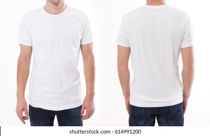 дизайн футболки и концепция людей - крупный план молодого человека в пустой футболке, рубашка спереди и сзади изолирована.