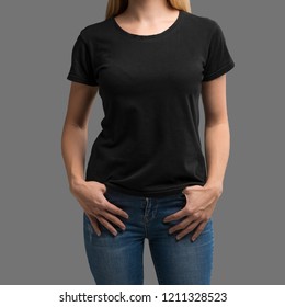 T-shirt Design And People Concept - Closeup Of Young Woman In Blank Black T-shirt, Front And Back Shirt Isolated. Layout.