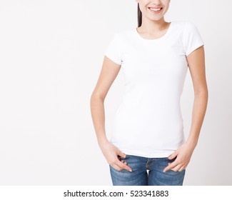 T-shirt Design, People Concept - Closeup Of Young Woman In Blank White T-shirt, Shirt, Front Isolated. Mockup Square.