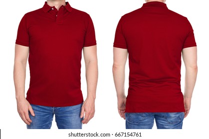 T-shirt Design - Young Man In Blank Dark Red Polo Shirt From Front And Rear Isolated