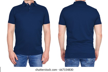 T-shirt design - young man in blank dark blue polo shirt from front and rear isolated