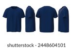 Tshirt front back and side view deep navy blue shirt color for man