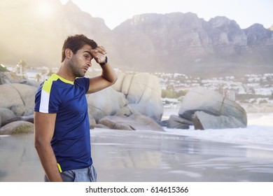 T-shirt Guy On Beach, Wiping Brow