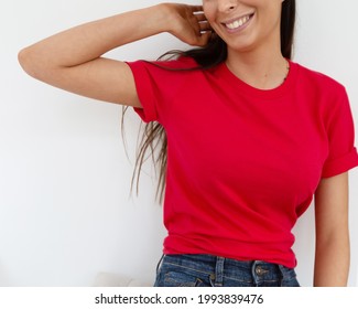 Tshirt Mockup, Front View Of Unrecognizable Woman Wearing Red Tshirt. Copy Space On Empty Area On Her T-shirt For Design Or Inscription. Fashion Lifestyle Mock Up Of Red Tshirt. T-shirt Template.