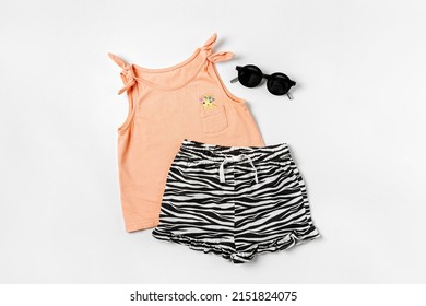 T-shirt With Shorts. Baby Clothes And Accessories For Spring Or Summer. Fashion Kids Outfit. Flat Lay, Top View