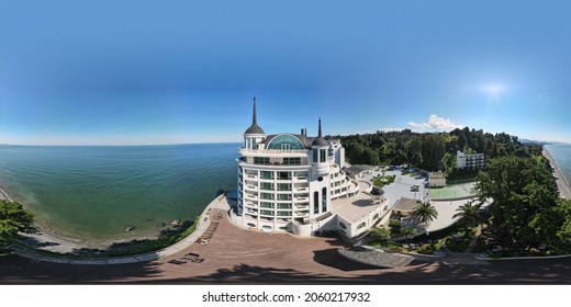 Tsikhisdziri, Georgia - October 6, 2021: Full 360 by 180 degree aerial spherical panorama of luxury seaside resort Castello Mare.