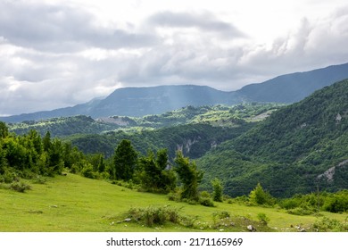 Tskhenistsqali River Valley And Khvamli Mountain Range Landscape In Racha Region Of Georgia With Lush Green Forests.