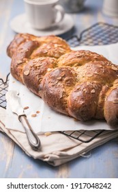 Tsoureki Braid, Greek Easter Sweet Bread, On Wood