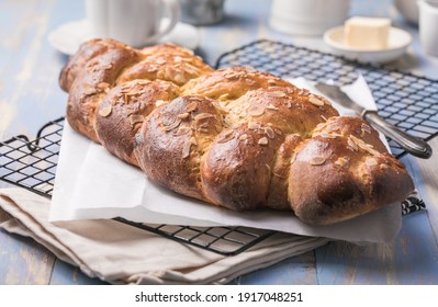 Tsoureki Braid, Greek Easter Sweet Bread, On Wood