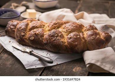 Tsoureki Braid, Greek Easter Sweet Bread, On Wood