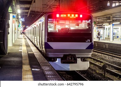 Tsukuba Japan 3 Apr 2017 : The JR-East commuter electric train was parking in the Hatori station and service the commuter passenger.