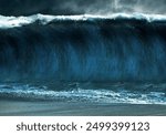 Tsunami stormy sea waves on sand beach, Thunderstorm background