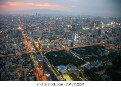 Tsutenkaku Tower, a symbol of Osaka, illumination   Japan,Osaka,July 31, 2021 