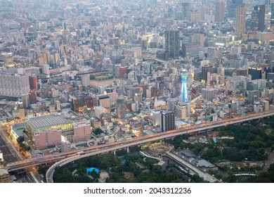 Tsutenkaku Tower, a symbol of Osaka, illumination   Japan,Osaka,July 31, 2021 