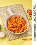 Tteokbokki is a Korean dish of rice flour cooked in spicy and sweet gochujang seasoning