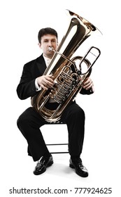 Tuba Brass Instrument. Wind Classical Musician Isolated On White Horn Player Trumpeter