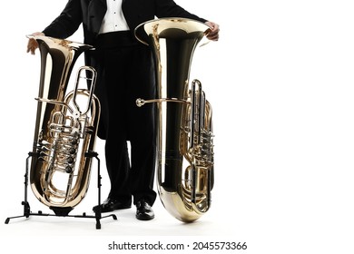 Tuba brass music instruments. Wind horn musical instrument. Orchestra bass euphonium. Classical musician tuba player
