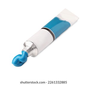 Tube with blue oil paint on white background