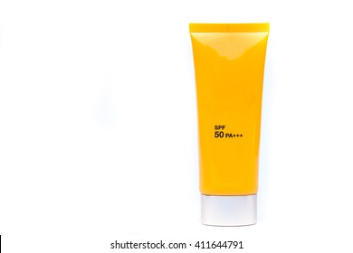 Tube Container Of Sun Cream On White Background