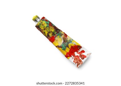 Tube with oil paint on white background, top view