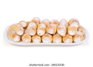 tube of pastry filled with snow, very sweet cookies, traditional czech sweet