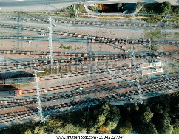 tube train depot. Aerial drone photo looking\
down, Diesel Engine train. Top\
view.
