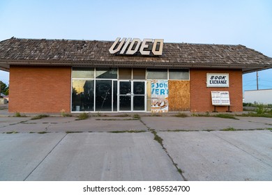 Tucamcari, New Mexico - May 6, 2021: Abandoned Old Video Store, Closed And Boarded Up Along Route 66