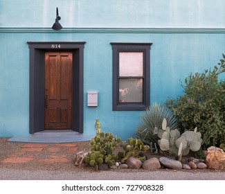 TUCSON, ARIZONA - AUGUST 8: Blue entrance of a home in the Barrio Viejo neighborhood on August 8, 2017 in Tucson, Arizona