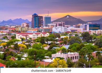 Tucson, Arizona, USA Downtown City Skyline With Mountains At Twilight.