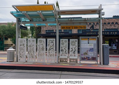 Tucson, Arizona USA - July 23, 2019: Sunlink Tram Stop On 4th Avenue Near Downtown Between 6th And 7th Streets