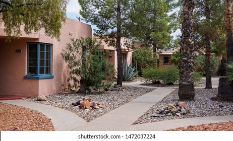 Tucson, Arizona USA - July 25, 2019: Classic Bungalow Court Apartments In The Sam Hughes Residential Area In Adobe Style, 1940