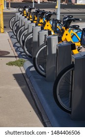 Tucson, Arizona USA - July 28, 2019: City Tugo Bike Share Rental Program Bicycles In A Docking Station On 6th Street At Tucson Blvd.