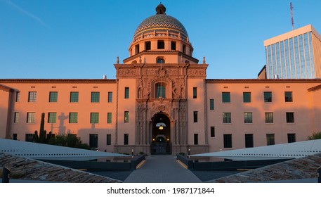 Tucson, Arizona, USA - June 5, 2021: evening exterior view of  Historic Pima county courthouse, now home to the Southern Arizona Heritage Center and the University of Arizona's Gem and Mineral Museum