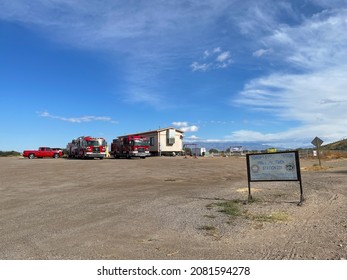 Tucson, Arizona, USA, November 25, 2021. Tohono O'odham Nation Fire Department with fire trucks parked in front of building. 