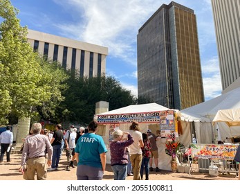 Tucson, Arizona, USA - October 8, 2021. Hungry People In Line For Lunch At Thai Food Stall During Tucson Meet Yourself Annual Festival. 