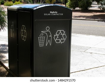 Tucson, Arizona USA-July 28, 2019: The University of Arizona uses smart, sustainable waste management and recycling solutions such as solar powered trash compactors to keep the campus clean and green.