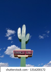 Tucson, Arizona/USA - February 17, 2019: Vintage neon sign with the words "Miracle Mile" by day
