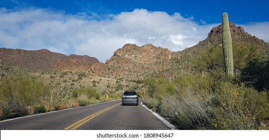 Tucson, Arizona/USA - January 13 2019: Car Ahead On Road In Arizona Mountains