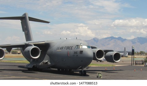 Tucson, Ariz./USA-8/7/19: A Boeing C-17 "Globemaster" transport belonging to the U.S. Air Force is seen on the tarmac at Tucson International Airport.