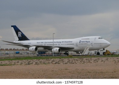 Tucson, Ariz./USA-Jul 25, 2013: A Boeing 747 airplane is used to test the Rolls Royce engine designed for the 787 Dreamliner at Tucson International Airport.