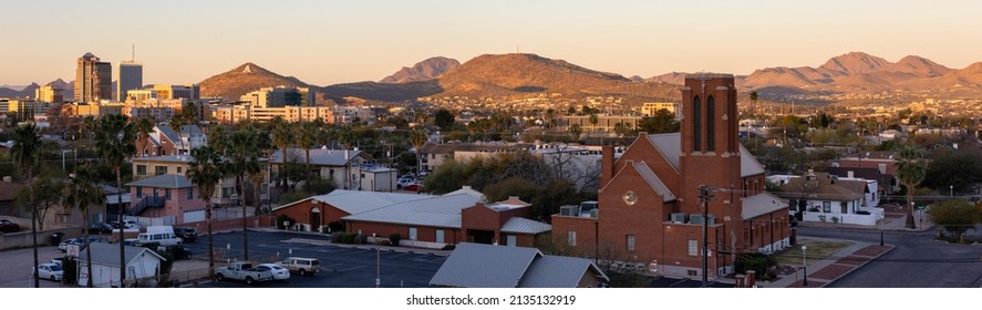 Tucson, AZ - March 9 2022: Tucson Skyline With Mountain Adorned With A In The Background