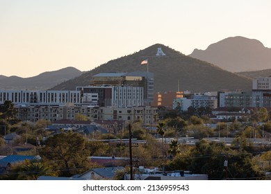 Tucson, AZ - March 9 2022: Tucson Mountains At Sunset Looming Over The Skyline