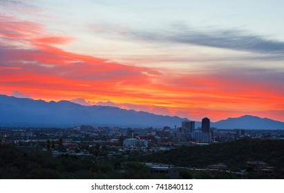 Tucson Skyline Showing The Sunrise Of Tucson Downtown  Viewing From Sentinel Peak, Tucson, Arizona, USA